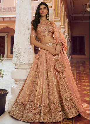 
                      Bridal Peach Embroidered Banarasi Trendy Lehenga Choli