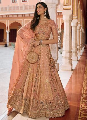 
                      Bridal Peach Embroidered Banarasi Trendy Lehenga Choli