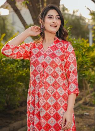 
                      Red Digital Print Rayon Party Wear Kurti