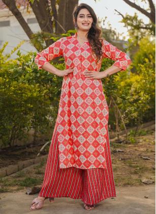 
                      Red Digital Print Rayon Party Wear Kurti