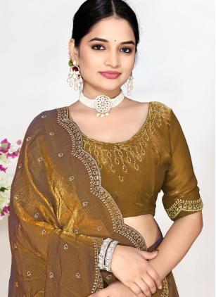 
                      Gold Zircon Work Fandy Satin Silk Classic Saree