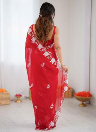 
                      Red Fandy Satin Cut Dana Work Contemporary Saree
