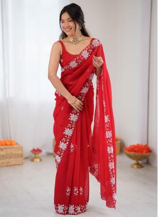 
                      Red Fandy Satin Cut Dana Work Contemporary Saree