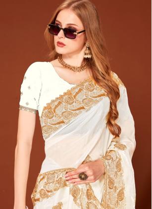 
                      White Zircon Embroidered Fandy Designer Saree