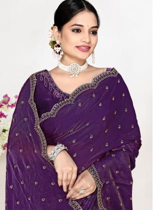 
                      Purple Fandy Satin Silk Zircon Work Designer Saree