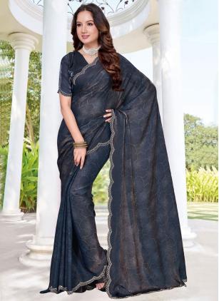 
                      Blue Fandy Satin Silk Digital Print Classic Saree