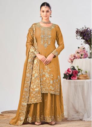
                      Fandy Silk Embroidered Mustard Palazzo Salwar Kameez