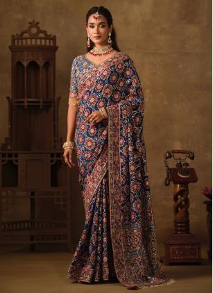 
                      Faux Crepe Blue Aari Work Designer Saree With Stitched Blouse