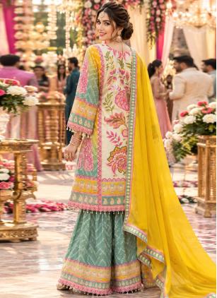 
                      Faux Crepe Ceremonial Multi Colour Aari Work Salwar Kameez