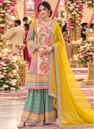 
                      Faux Crepe Ceremonial Multi Colour Aari Work Salwar Kameez