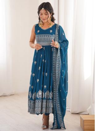 
                      Faux Georgette Embroidered Teal Salwar Kameez