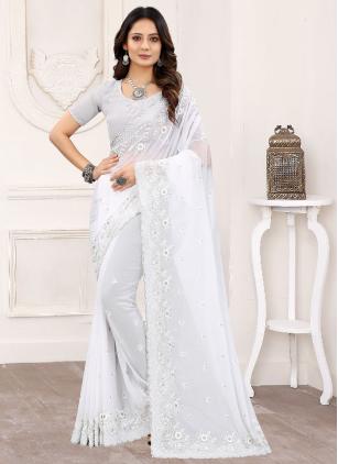 
                      Faux Georgette Off White Embroidered Classic Saree