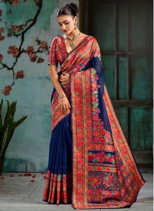 
                      Festival Blue Handloom Cotton Pashmina Trendy Saree
