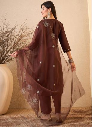 
                      Festival Brown Embroidered Pant Style Suit