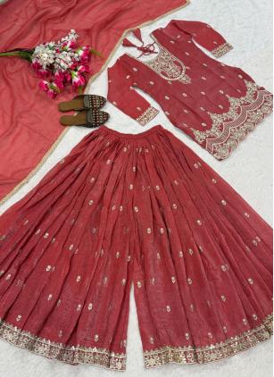 
                      Festival Crunchy Silk Embroidered Red Salwar Kameez