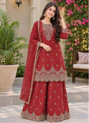 
                      Festival Crunchy Silk Embroidered Red Salwar Kameez