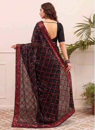 
                      Embroidered Sequins Work Georgette Black and Red Classic Saree