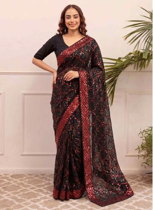 
                      Embroidered Sequins Work Georgette Black and Red Classic Saree