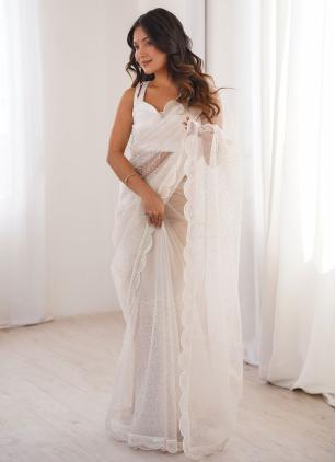 
                      Festival Embroidered Net White Classic Saree