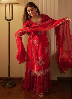 
                      Festival Faux Georgette Embroidered Red Readymade Salwar Kameez