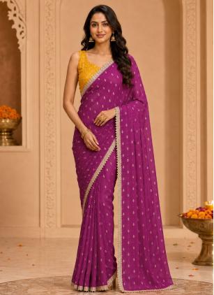
                      Festival Lace Georgette Wine Contemporary Saree