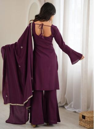 
                      Festival Mirror Work Silk Wine Palazzo Salwar Kameez