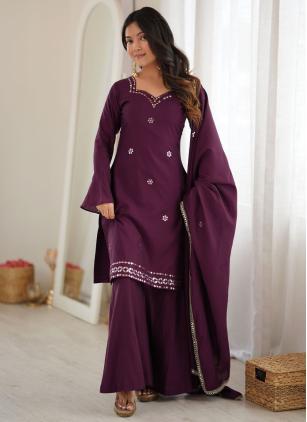 
                      Festival Mirror Work Silk Wine Palazzo Salwar Kameez