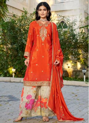 
                      Orange Chinon Embroidered Trendy Salwar Kameez