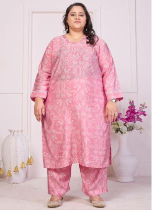 
                      Plus Size Printed Chanderi Pink Casual Kurti