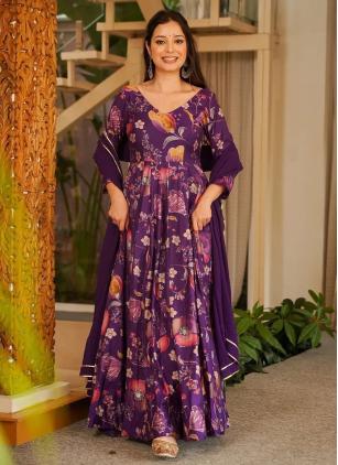 
                      Festival Purple Rayon Digital Print Plus Size Designer Gown
