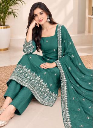 
                      Festival Sea Green Embroidered Georgette Pant Style Suit