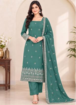 
                      Festival Sea Green Embroidered Georgette Pant Style Suit