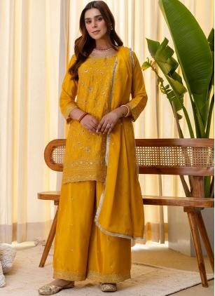 
                      Festival Silk Blend Embroidered Mustard Palazzo Salwar Kameez