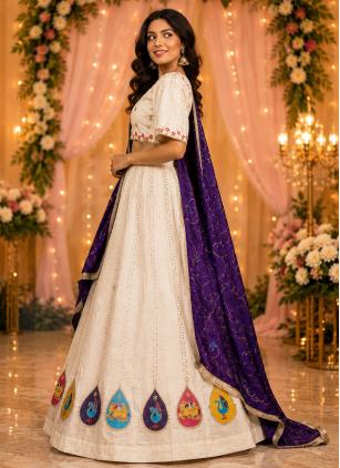 
                      Festival Vichitra Silk Embroidered Off White Lehenga Choli