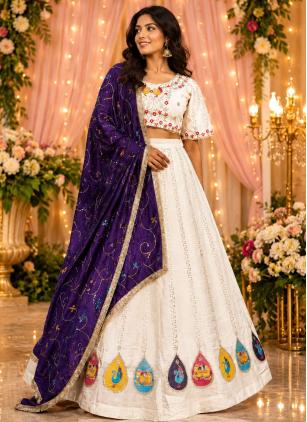 
                      Festival Vichitra Silk Embroidered Off White Lehenga Choli