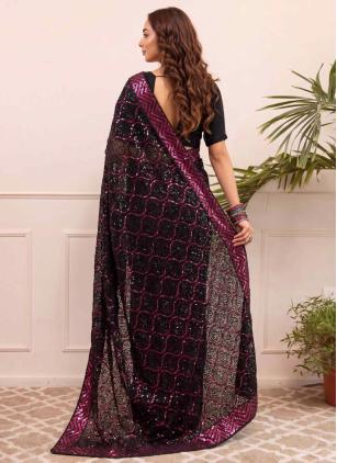 
                      Georgette Black and Pink Embroidered Contemporary Saree