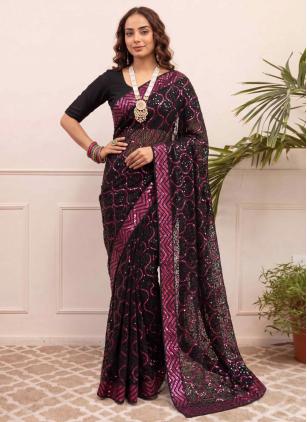 
                      Georgette Black and Pink Embroidered Contemporary Saree