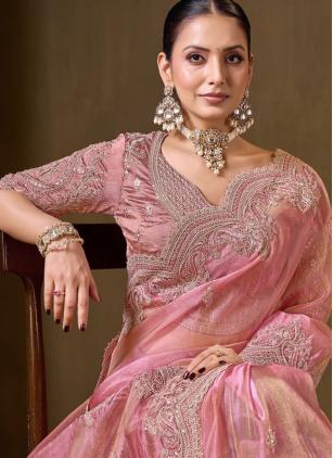 
                      Georgette Ceremonial Pink Embroidered Saree With Stitched Blouse