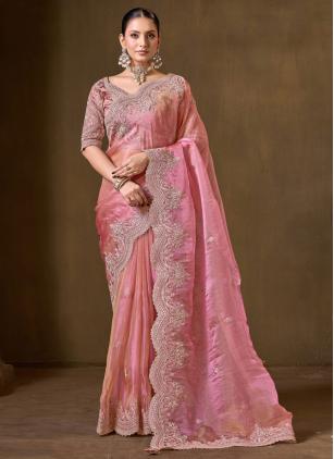 
                      Georgette Ceremonial Pink Embroidered Saree With Stitched Blouse