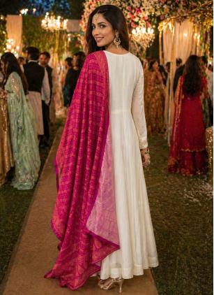 
                      Georgette Ceremonial White Chikankari Work Gown With Dupatta