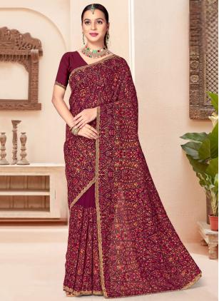 
                      Wine Georgette Embroidered Contemporary Saree