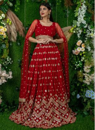 
                      Georgette Sequins Embroidered Red Lehenga Choli for Wedding