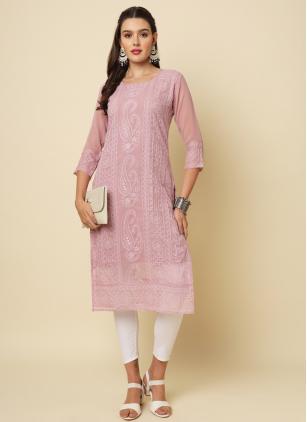 
                      Georgette Pink Chikankari Work Party Wear Kurti