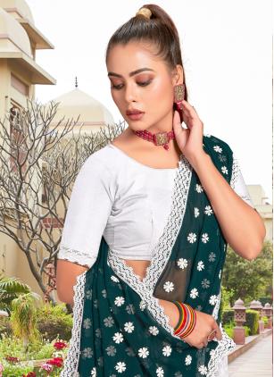 
                      Georgette Rama and White Embroidered Trendy Saree