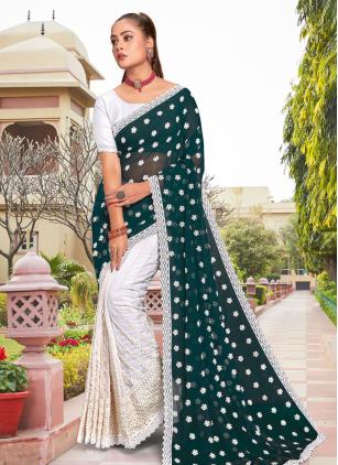 
                      Georgette Rama and White Embroidered Trendy Saree