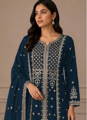 
                      Georgette Teal Palazzo Salwar Kameez For Eid