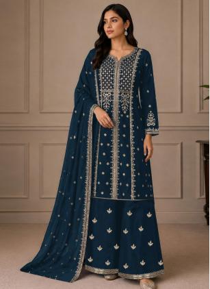 
                      Georgette Teal Palazzo Salwar Kameez For Eid