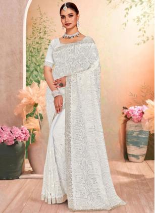 
                      Zircon Embroidered White Georgette Traditional Saree