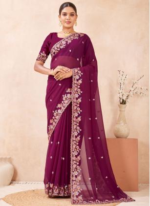
                      Georgette Wine Embroidered Traditional Saree
