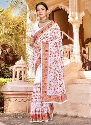 
                      Georgette White Embroidered Trendy Saree for Reception